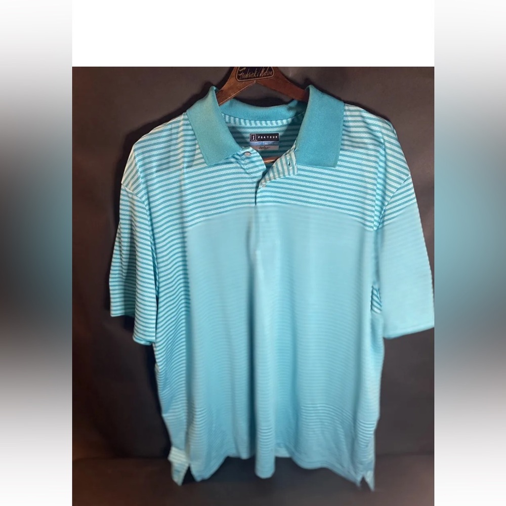 PGA Tour Golf Polo Shirt Men XXL Teal Striped Collared Short Sleeve Athletic